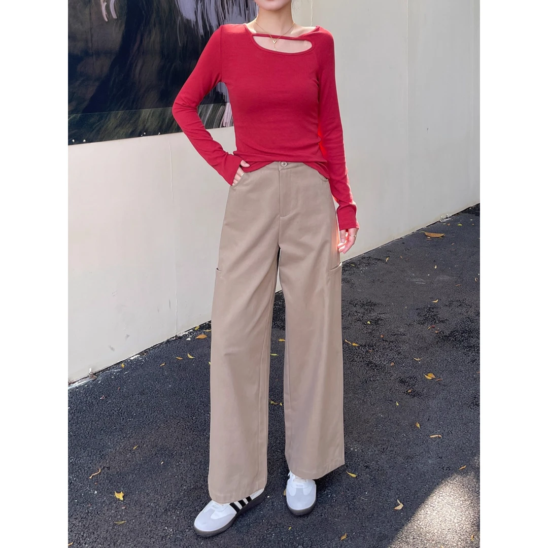 卡其色工装休闲阔腿裤女2025新款秋季小个子高腰显瘦宽松直筒长裤