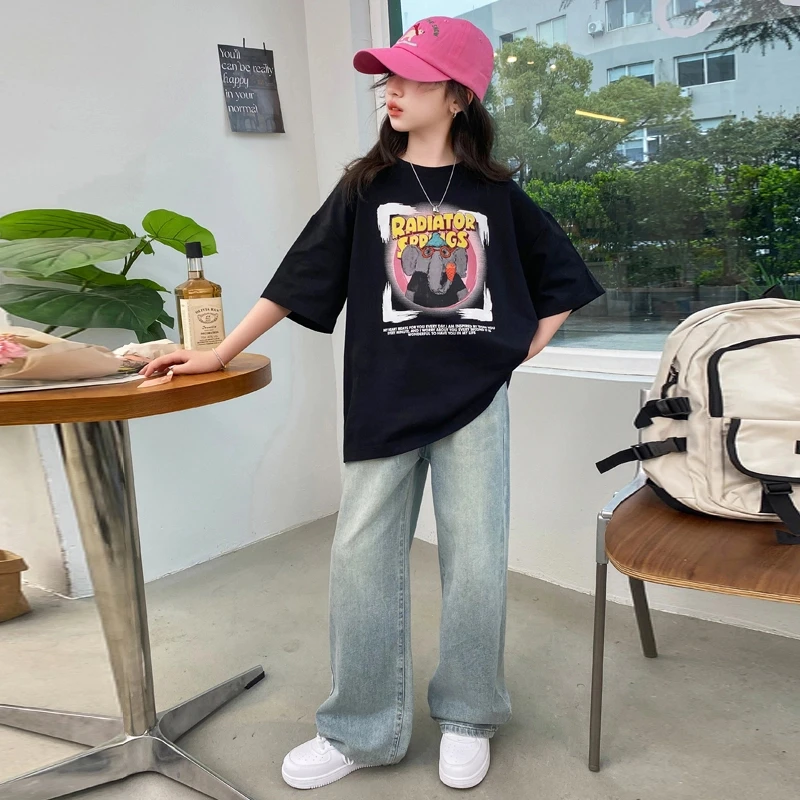 女童夏装套装2025新款6- 12岁15岁中大儿童洋气韩版T恤休闲牛仔裤