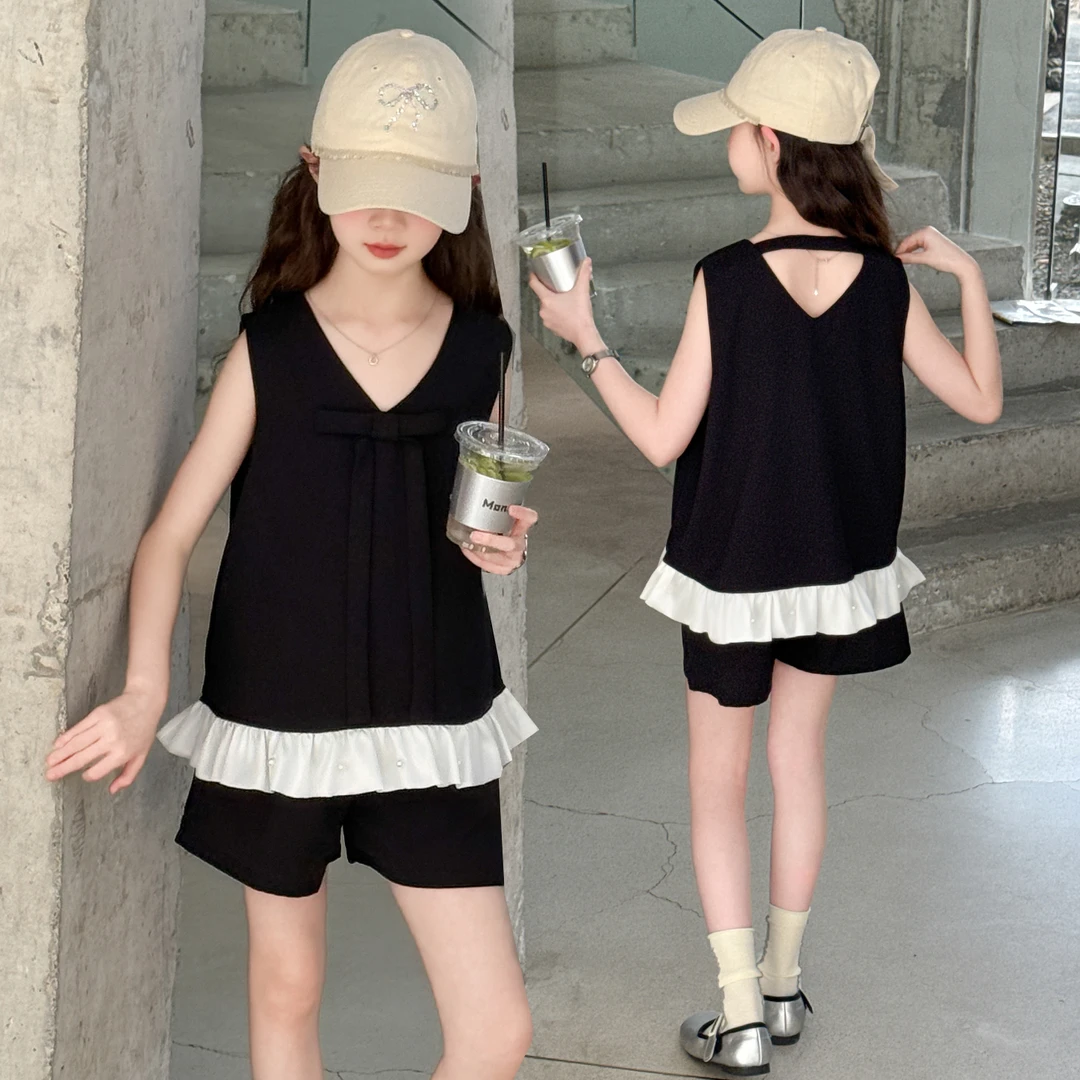 2025新款女童纯色夏季韩版宽松时尚两件套显瘦中大童气质无袖休闲