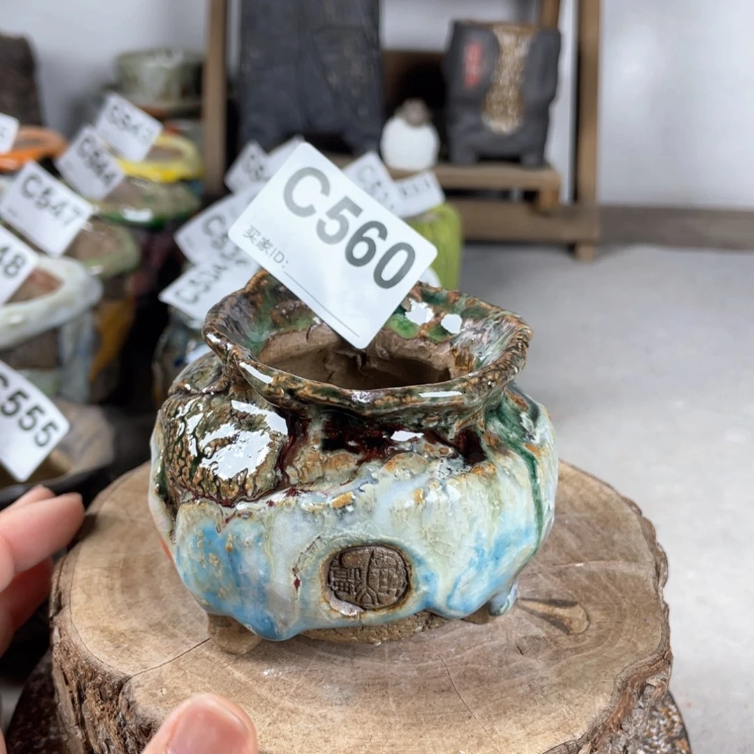 紫砂花盆孤品 不规则油画山石钱袋外口7