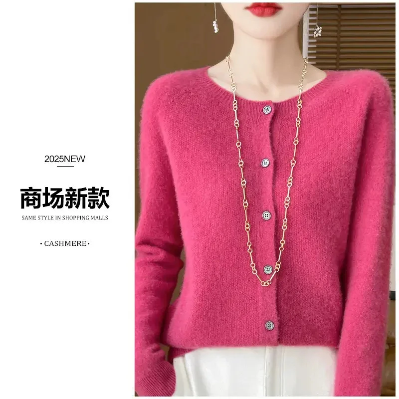 【商场新款】内搭外穿一线成衣纯羊毛圆领长袖针织开衫外套女