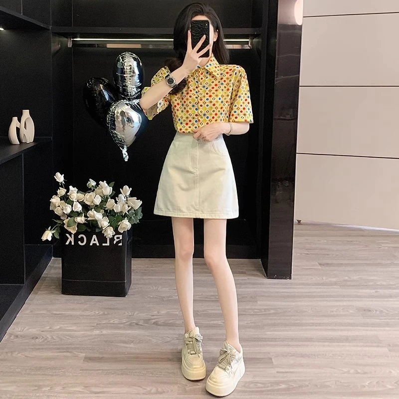 减龄气质时尚套裙女2025夏季洋气黄色薄款短袖衬衫白色短裙两件套