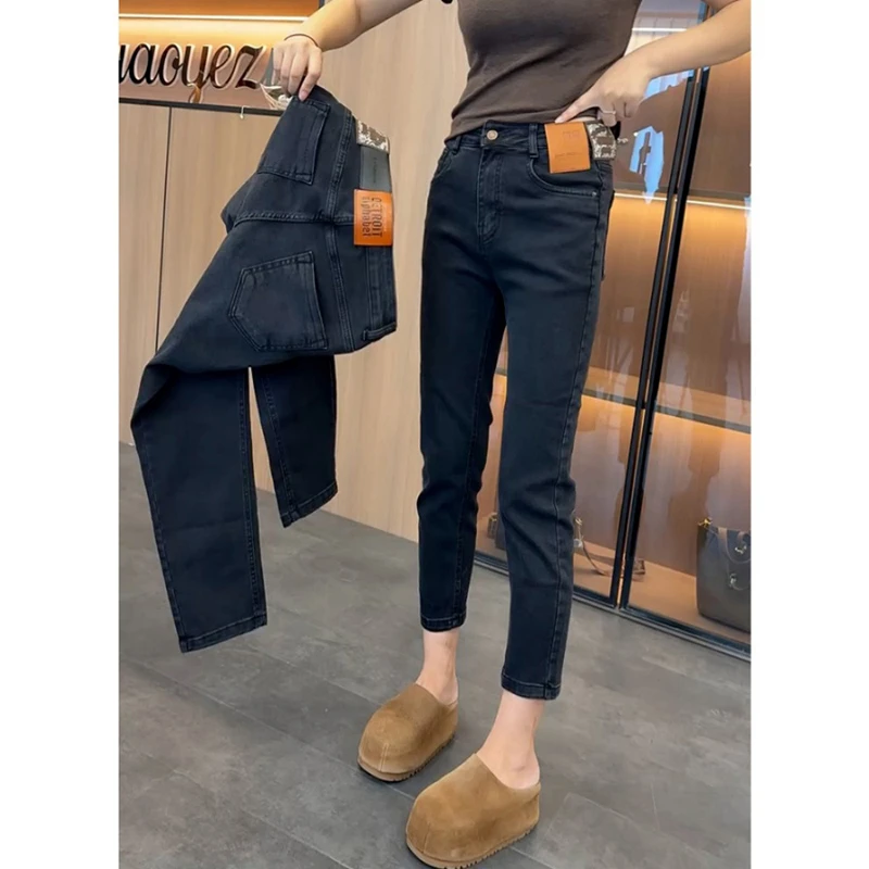 黑灰色高腰弹力直筒牛仔裤女2025秋季新款大码复古显瘦九分烟管裤