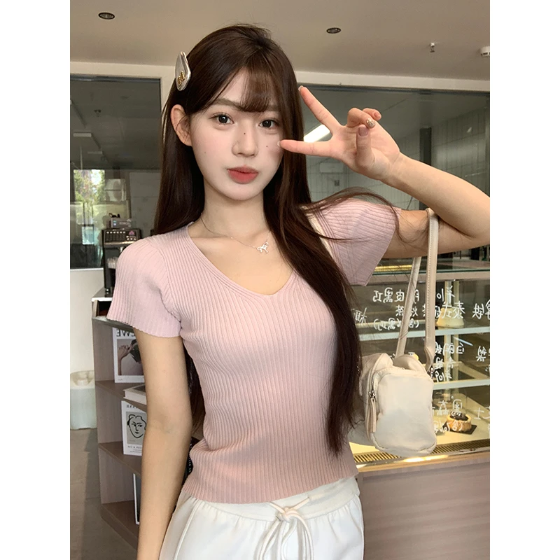 V领短袖小众别致衣服女2025夏季新款针织修身显瘦百搭短款上衣