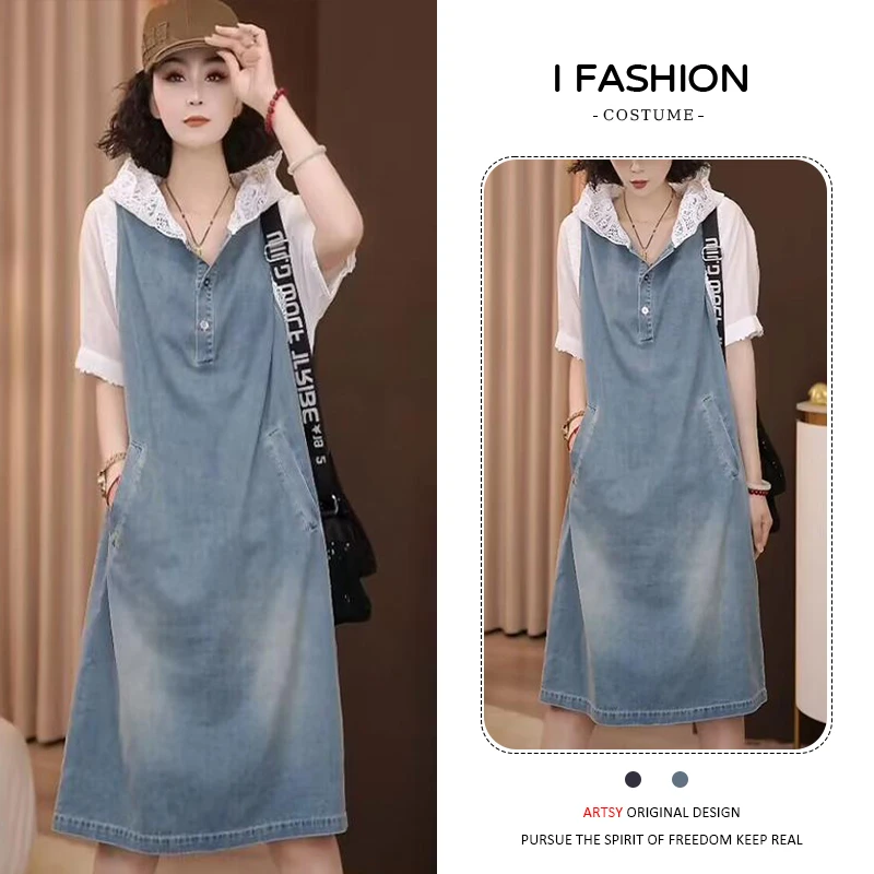高含棉时尚蕾丝拼接连帽短袖连衣裙女2025年夏季新款时尚牛仔裙潮