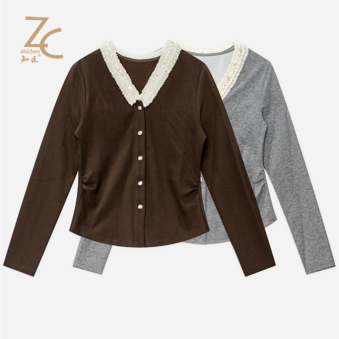 知臣秋季新品 两色减龄花边领装饰针织衬衫上衣女 T25813036