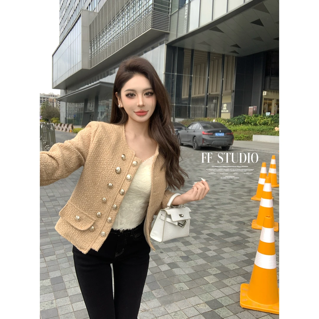 IFMR小香风法式袖女拼接春款常规短外套春季短款开衫显瘦气质
