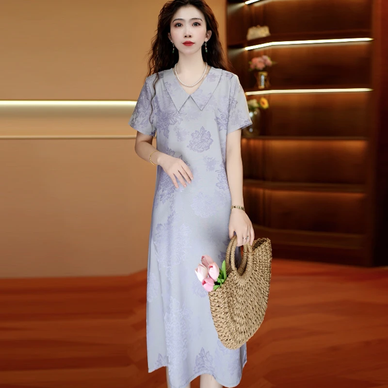 淡紫满罗娃娃领 气质中长款时连衣裙百搭遮肉裙子