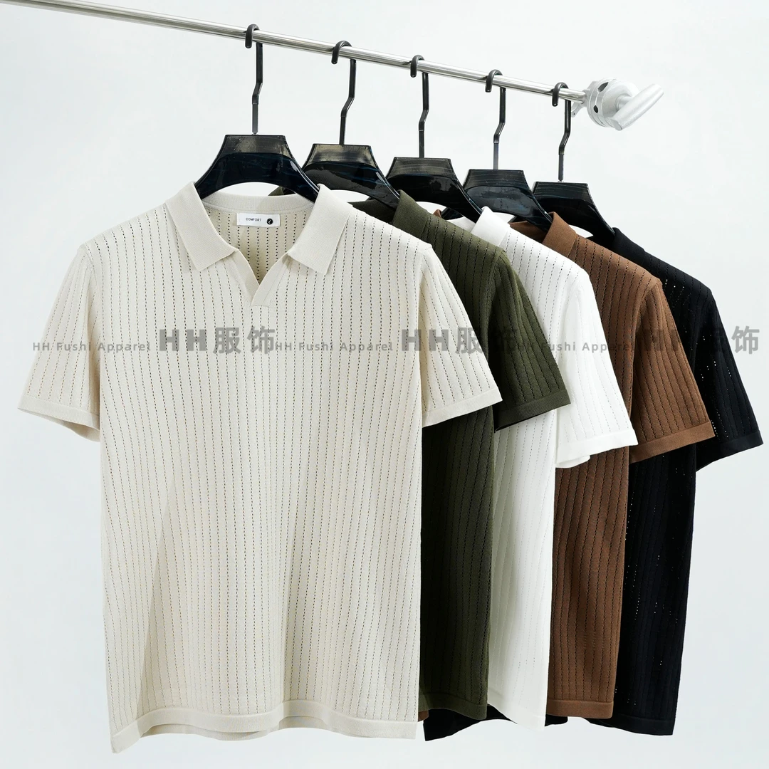 男士春夏季简约纯色翻领短袖针织衫新款老钱风潮流时尚短袖男