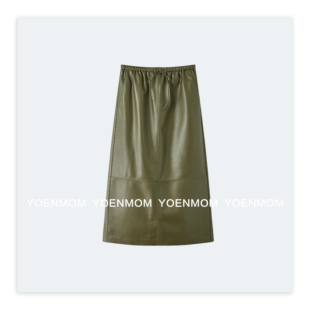 YOENMOM·倒带·100A级轻涂绵羊皮简约立裁抽绳松紧腰气质百搭半裙