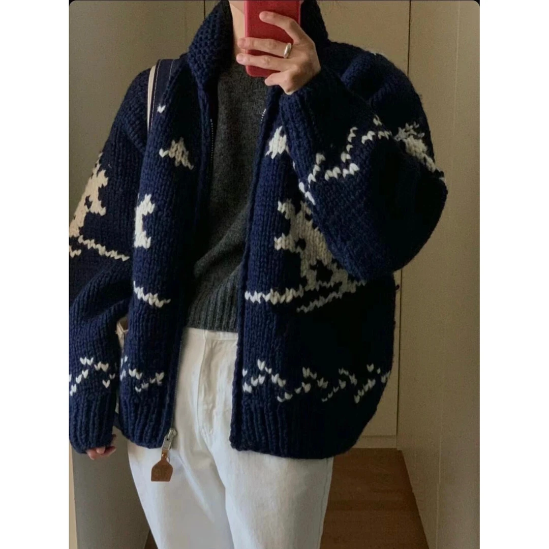 Eazyseoul自制 100羊毛加厚重磅升级 -5的温暖 蓝黑滑雪手工毛衣