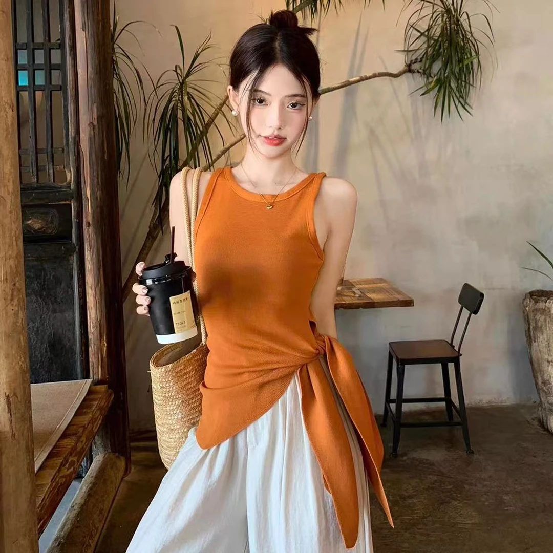 A韩系蚂蚁腰收腰绑带侧开叉吊带背心不规则修身显瘦无袖上衣9072#