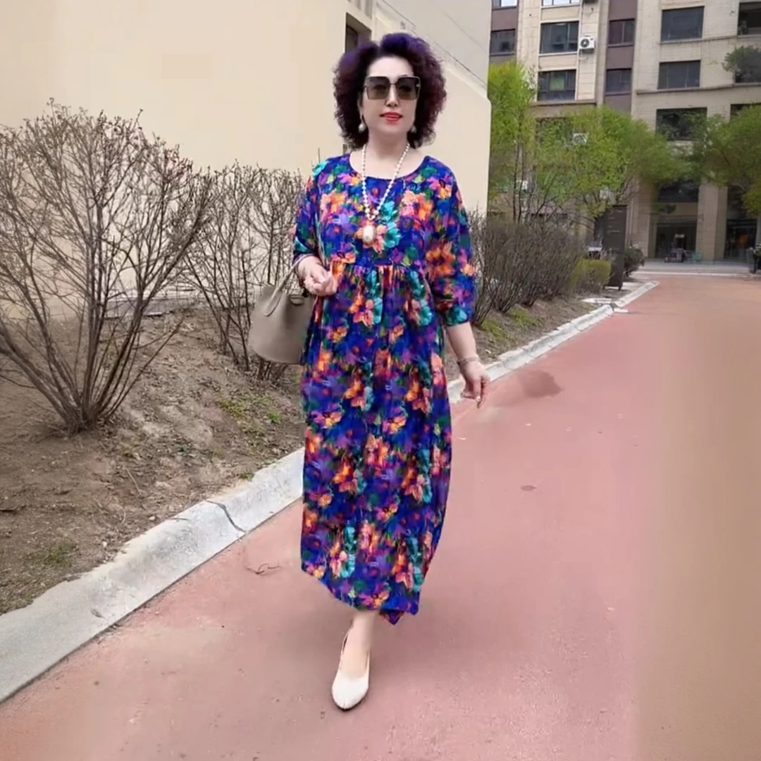 复古印花连衣裙贵夫人胖妈妈装宽松大码夏季200斤长款碎花沙滩裙