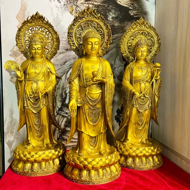 黄铜材质西方三圣观音阿弥陀佛大势至站立菩萨像店铺家居摆件