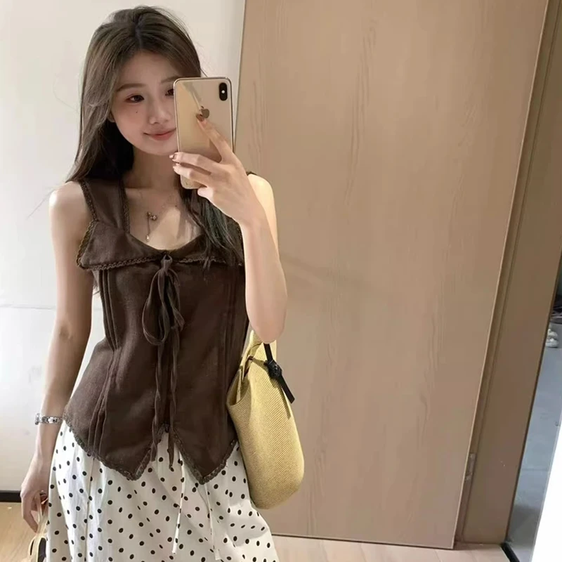 韩系复古系带蝴蝶结翻领无袖背心女夏外穿设计感小众收腰显瘦上衣