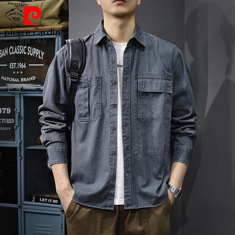 皮尔卡丹春季新款日系竹节纹工装长袖衬衫男复古水洗翻领衬衣外套