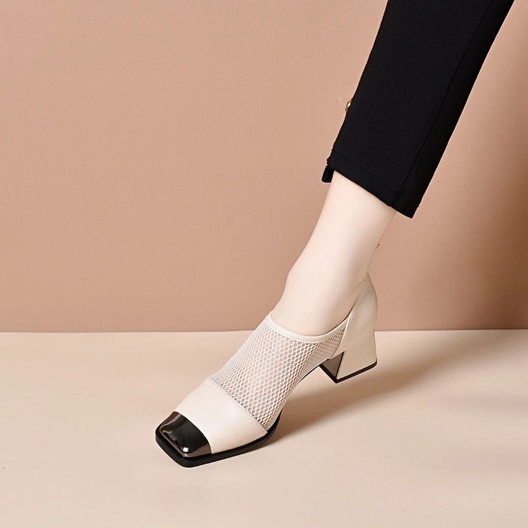 轻职风短靴女靴透气方头铁包春夏英伦尖头镂空方根高跟鞋凉靴网靴