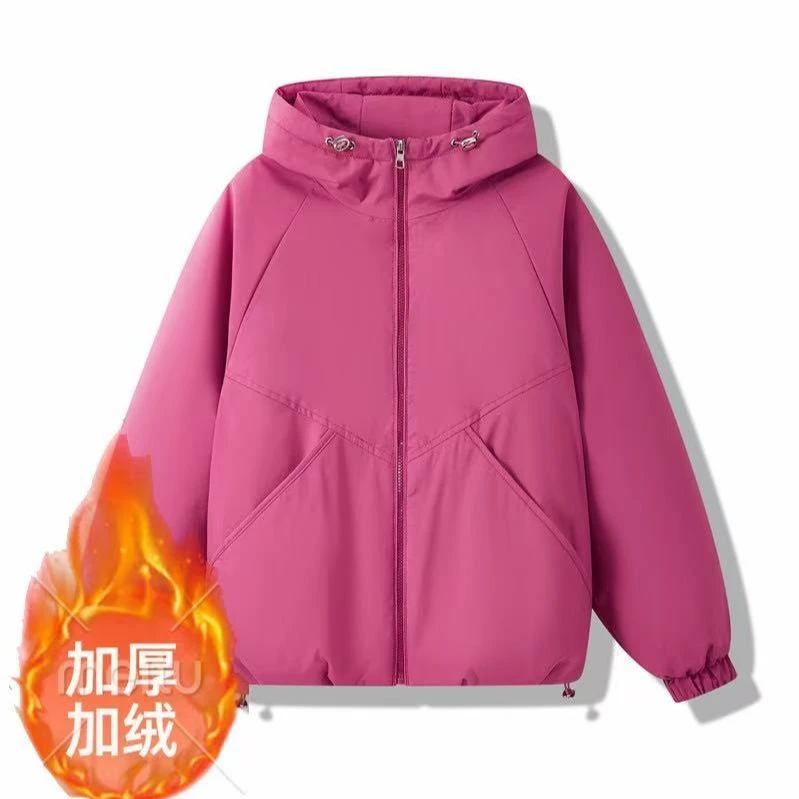 【加绒加厚】连帽加绒加厚短款外套抽绳宽松长袖冲锋衣棉服夹克