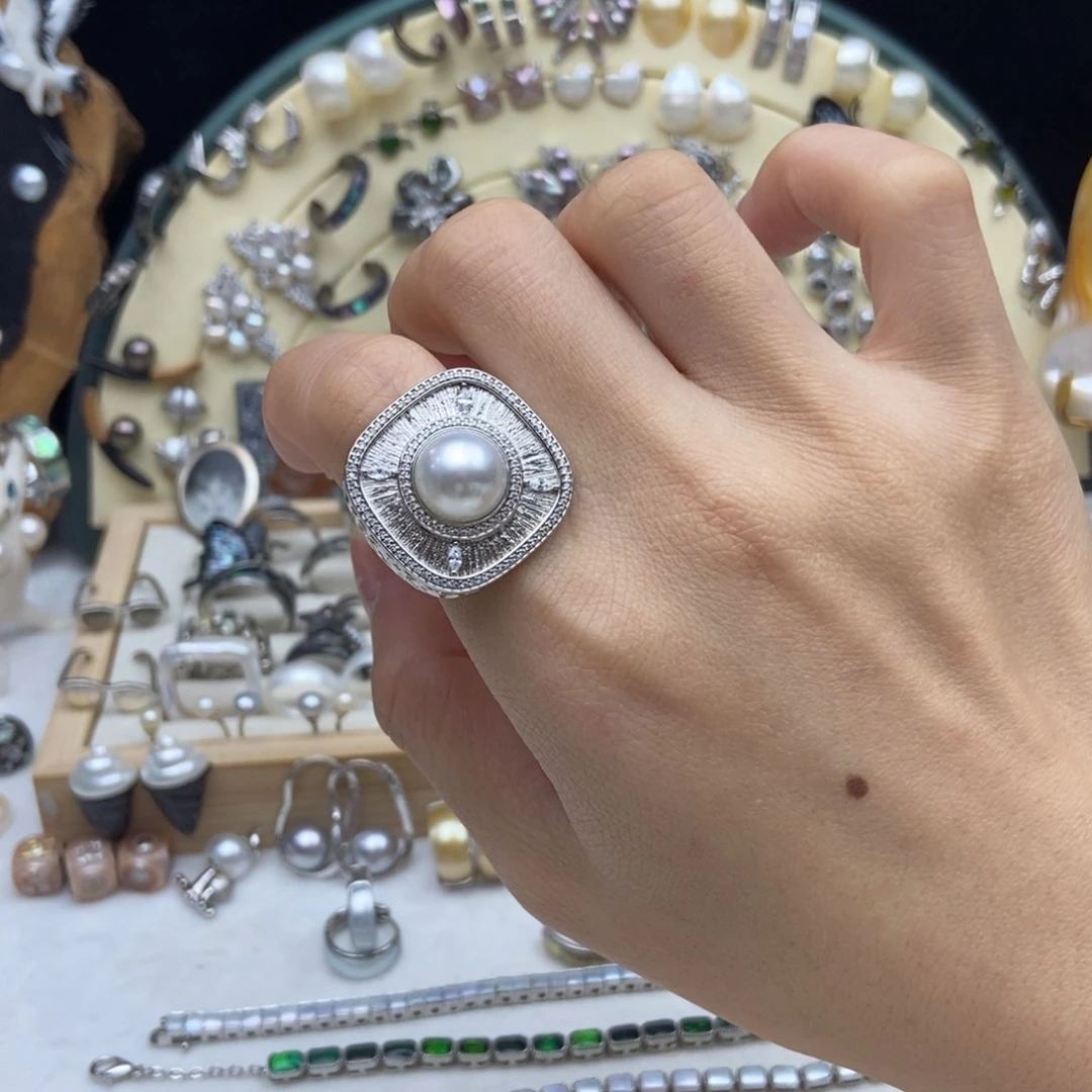 海水珍珠画框银S925镶嵌冷光澳白珍珠戒指可调节
