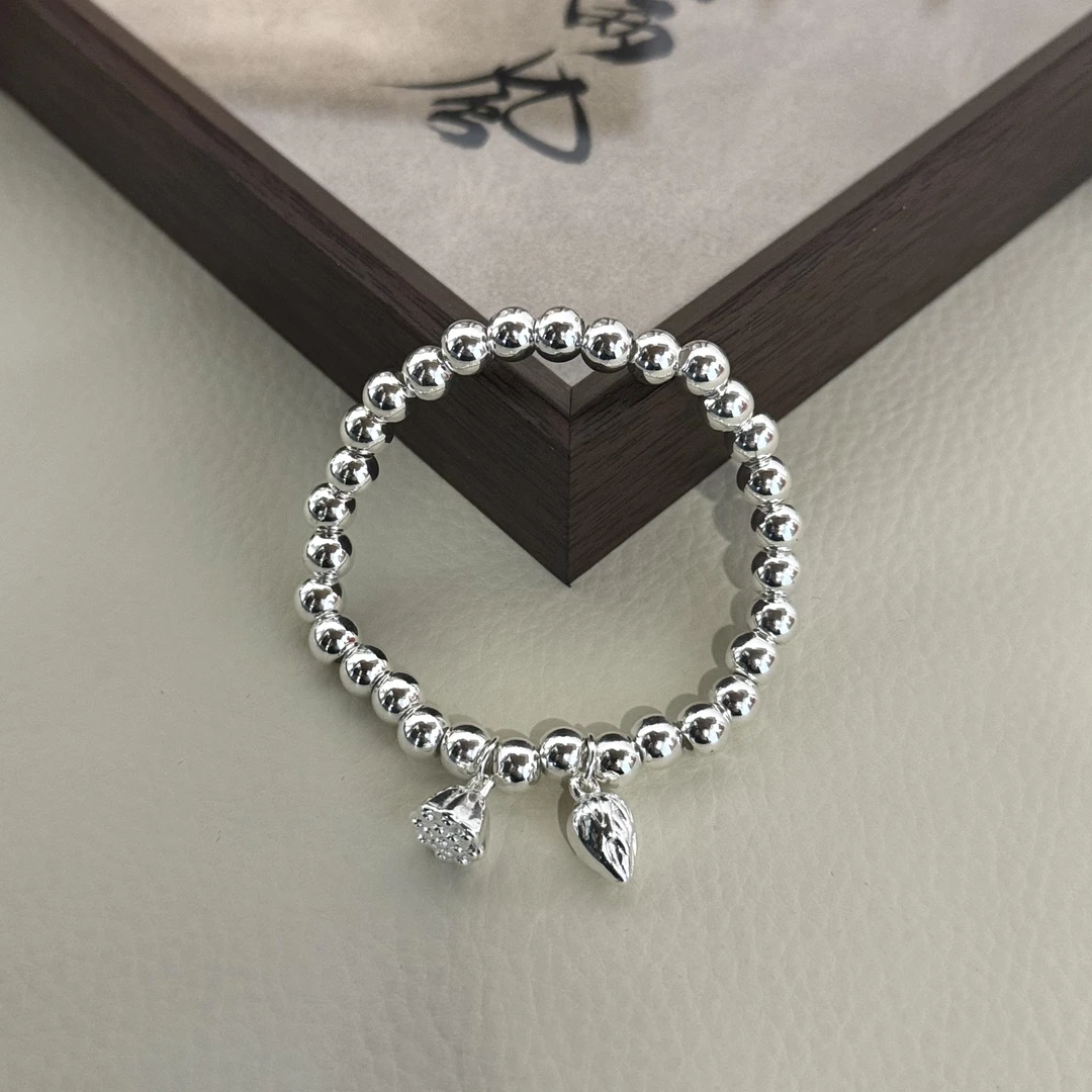 足银手链 足银999.9 两世欢古法圆珠莲花莲蓬叠戴手串送女送闺蜜z