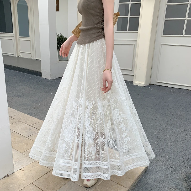 法式半身裙女高腰a字裙气质白色百褶裙裙子长裙大摆镂空裙蕾丝