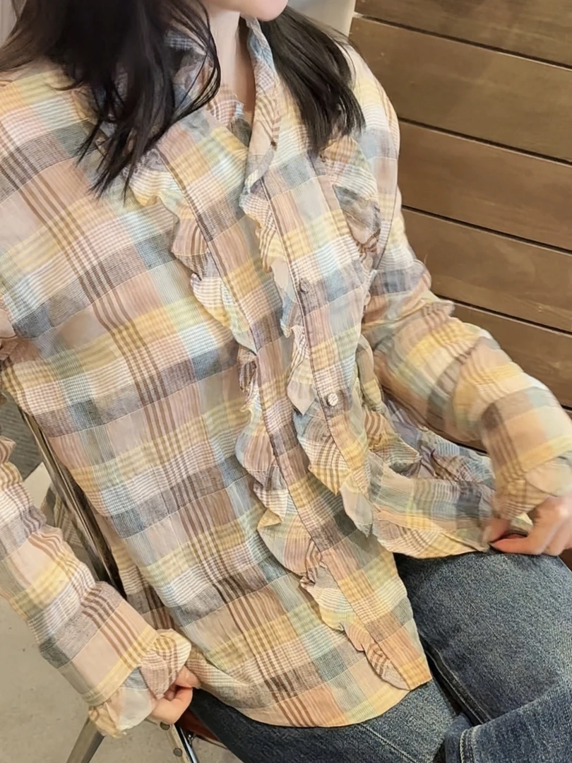 【可鑫推荐】小众复古纯棉设计感木耳边衬衫美式宽松休闲百搭I5160