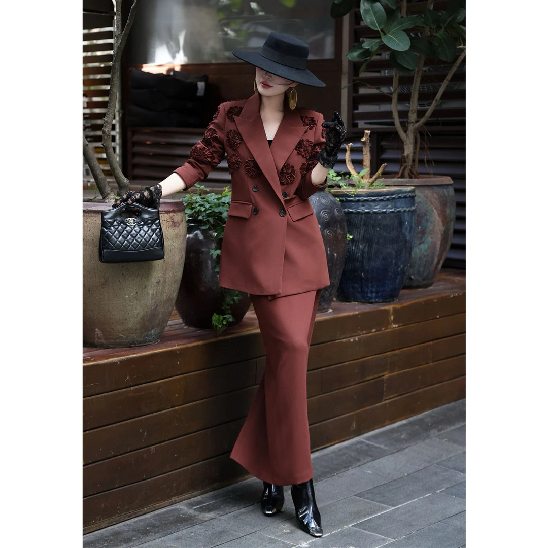 休闲时尚套装修身立体花朵欧美风西装后开叉半身裙洋气名媛两件套