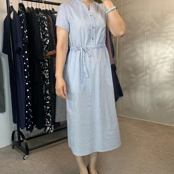 夏季新款条纹短袖收腰显瘦气质时尚连衣裙遮肚子