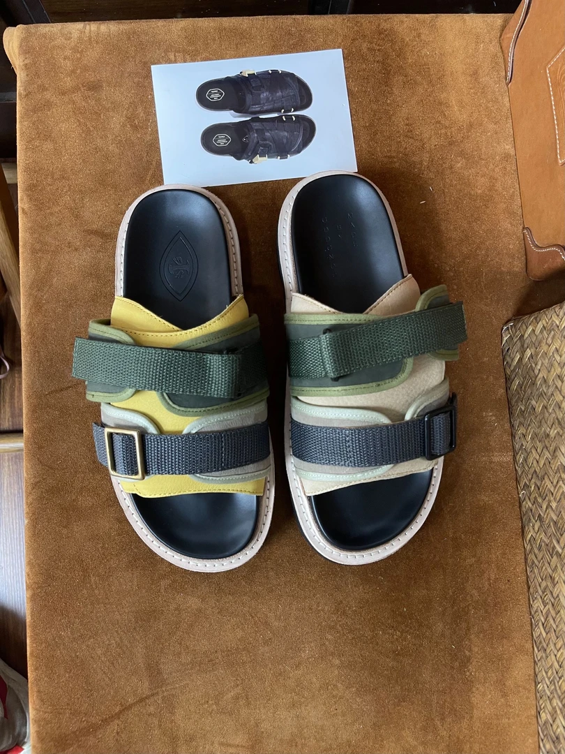 全牛皮 手工 复古拼色面包拖鞋