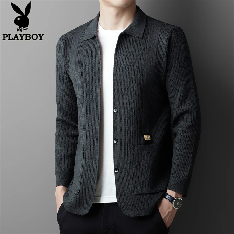 花花公子高档新款男士开衫外套春秋季宽松针织衫纯色百搭中年男装
