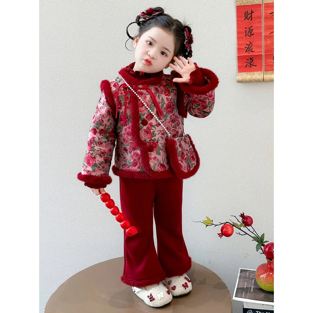 国风女童加绒拜年服套装冬季2026新款儿童新年演出服宝宝过年衣服