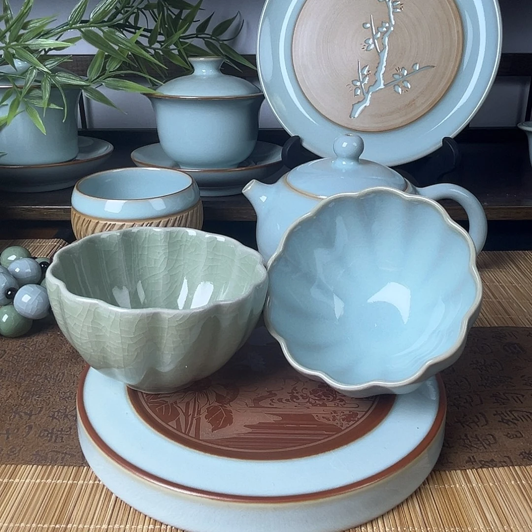 瓷片赵琳菊瓣杯天青豆绿2只一级