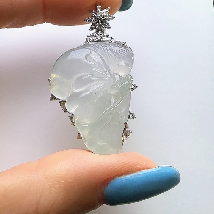 翡翠18K金镶嵌颈饰天然缅料A货 高冰天使吊坠