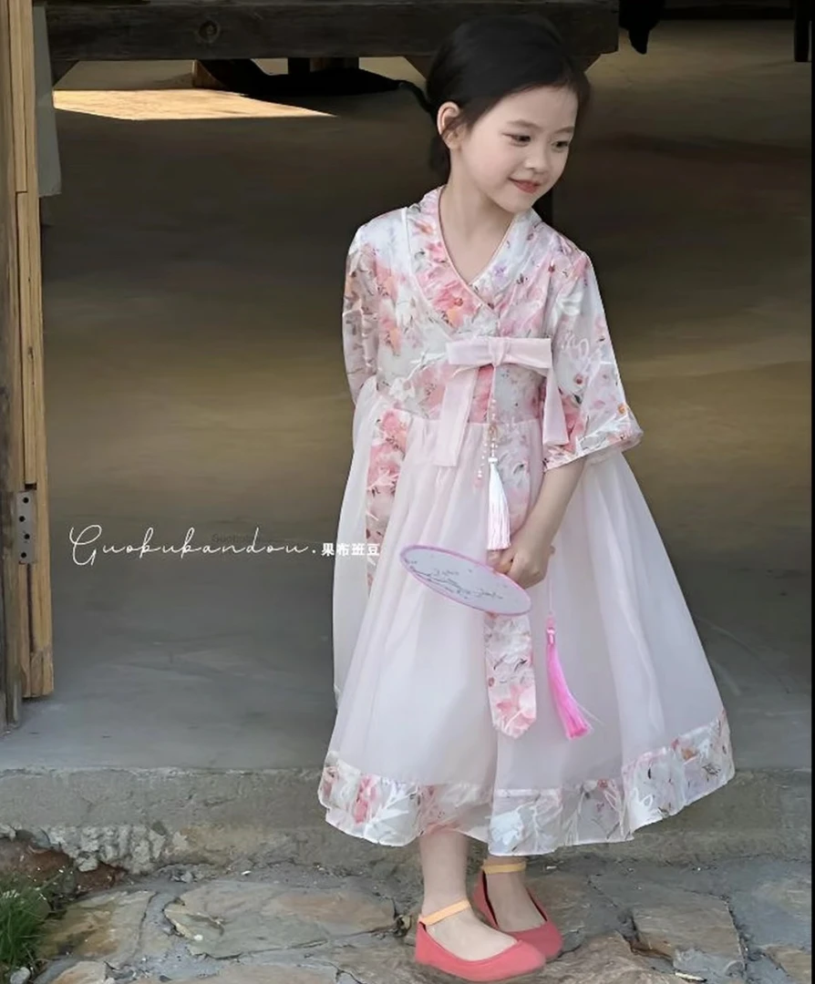 春夏中国风古风连衣裙休闲风旗袍碎花女童套装夏季