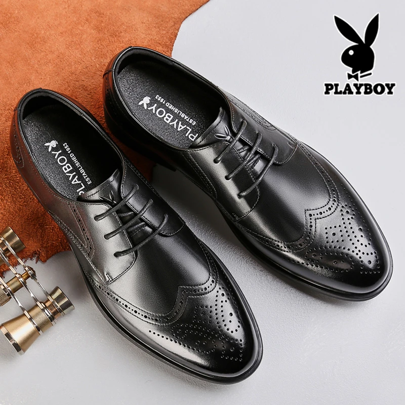 花花公子男士皮鞋真皮商务正装布洛克雕花内增高结婚新郎大码小码
