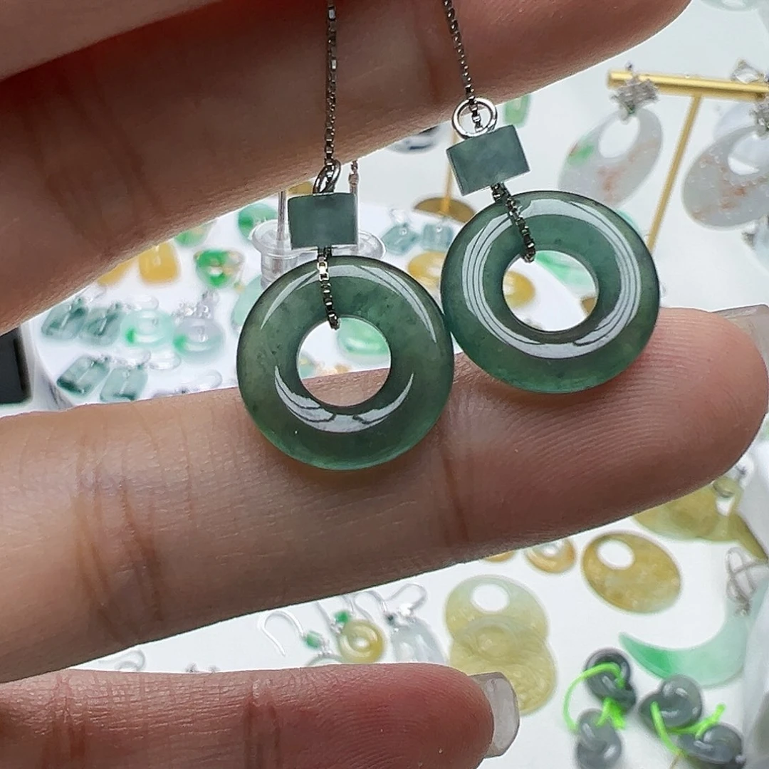 翡翠银S925镶嵌耳饰天然缅甸A货翡翠