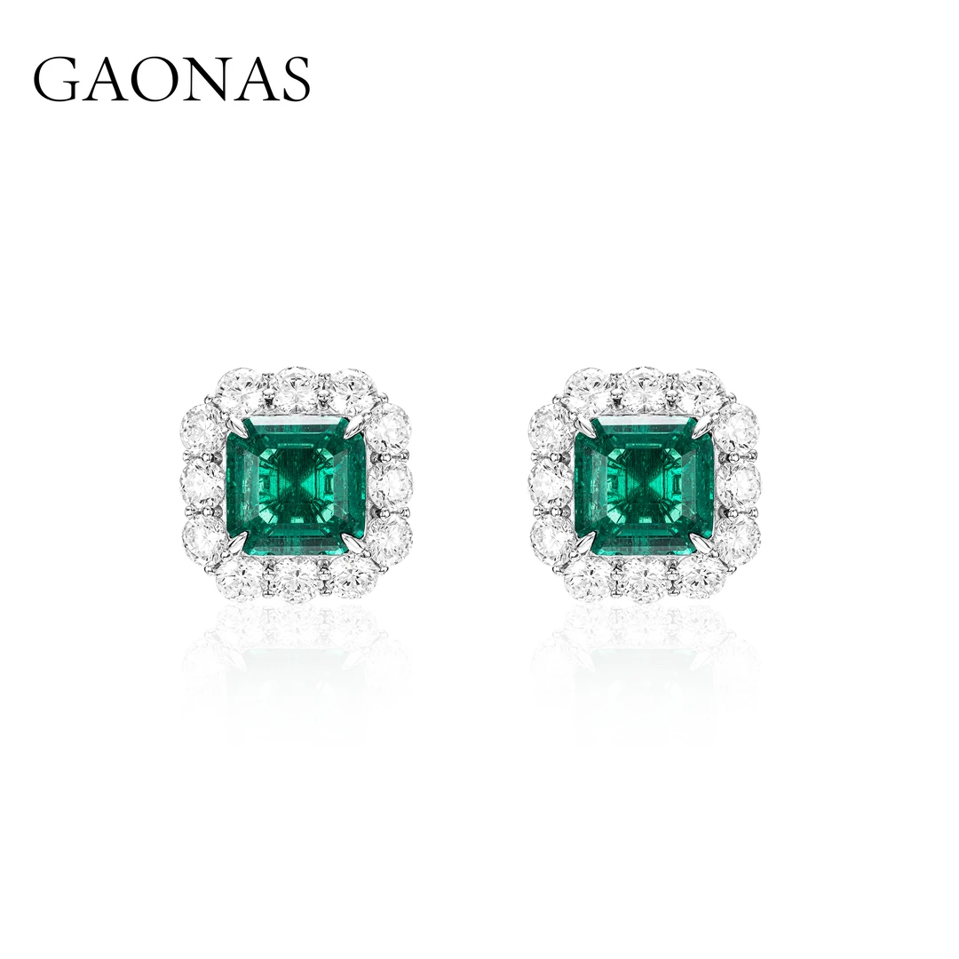 GAONAS 925银合成锆石耳饰 经典贵气方形绿色耳钉11078EG