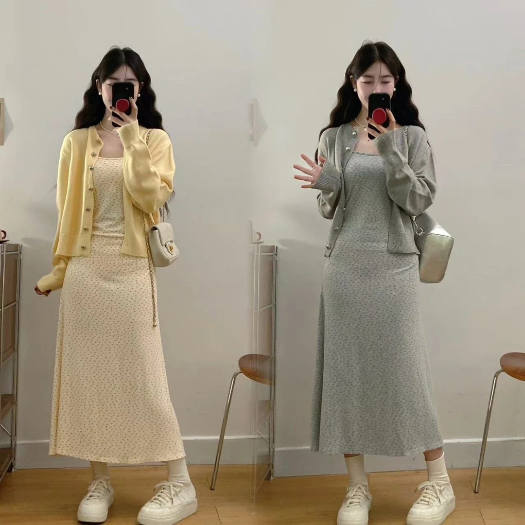 大码春秋碎花显瘦气质法式收腰温柔风吊带连衣裙小开衫洋气穿搭