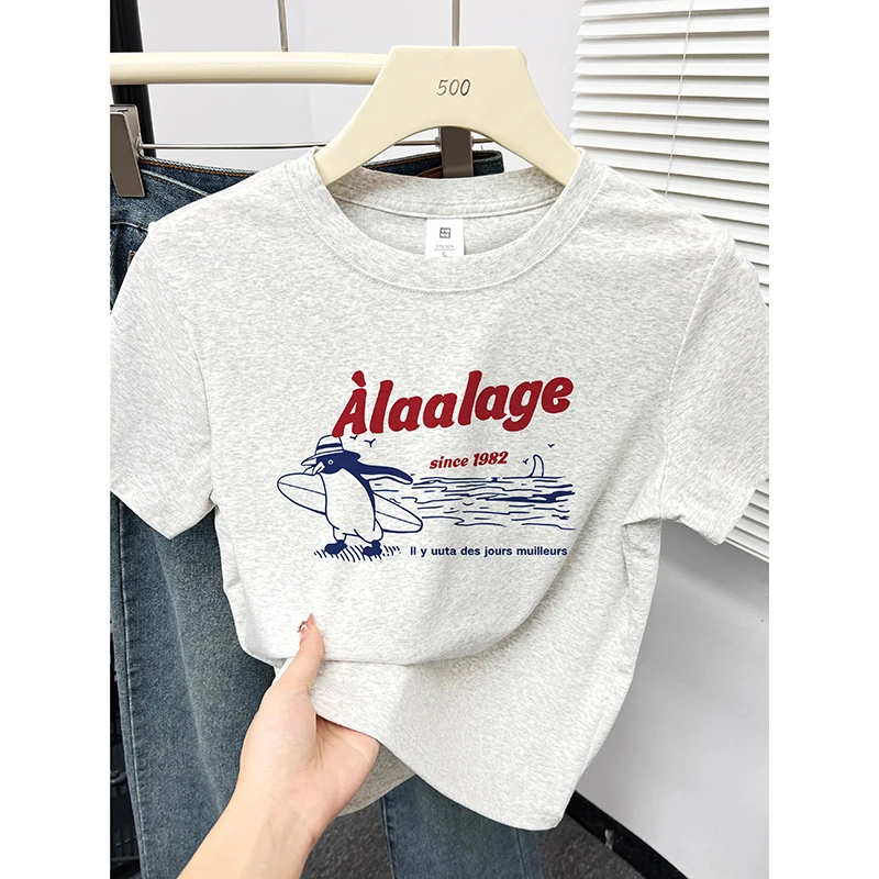 灰色正肩短袖t恤女夏季新款时尚圆领字母企鹅印花半袖小上衣ins潮