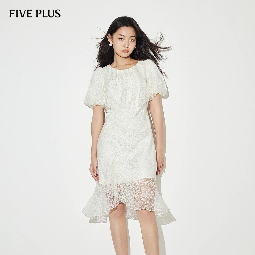 FIVE PLUS夏装欧根纱连衣裙女泡泡袖剪花鱼尾裙子收腰2LN2084210