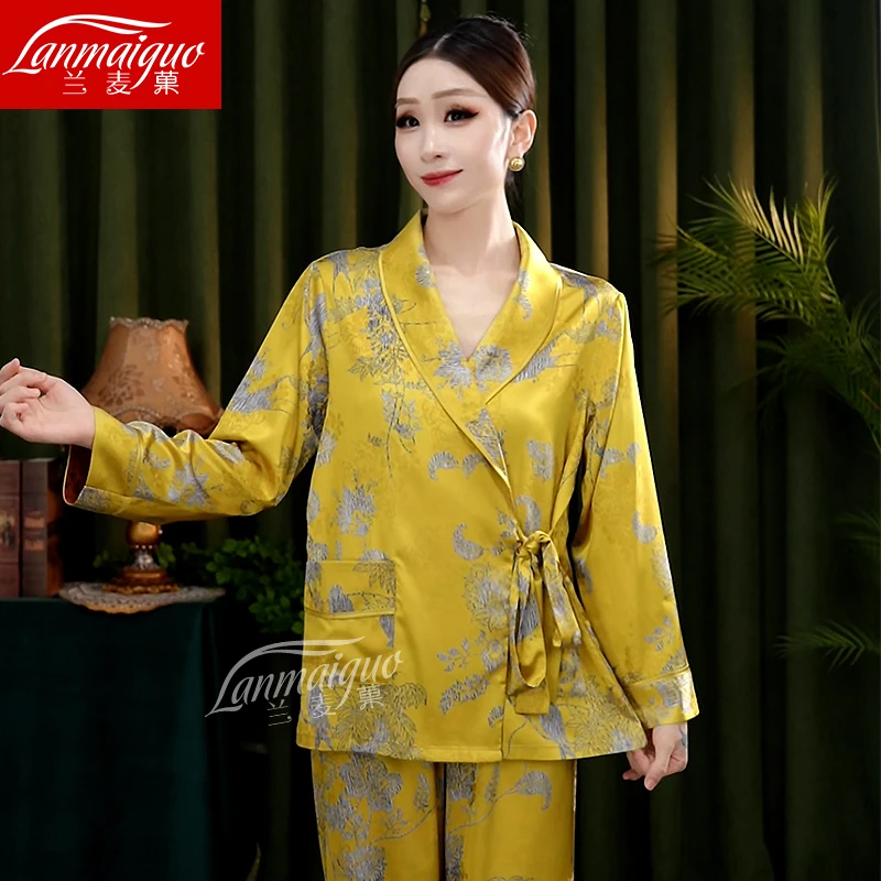 兰麦菓春秋季香云软丝睡衣女士套装2025新款长袖长裤中国风家居服
