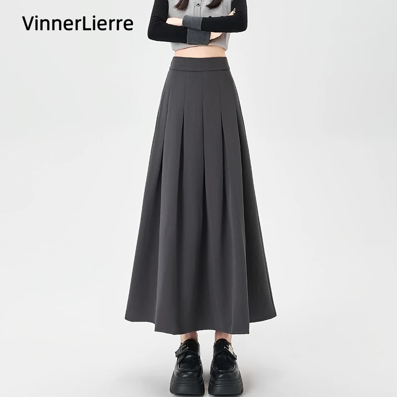 薇妮诺灰色西装半身裙女2025秋新款高腰百褶裙中长款a字包臀长裙