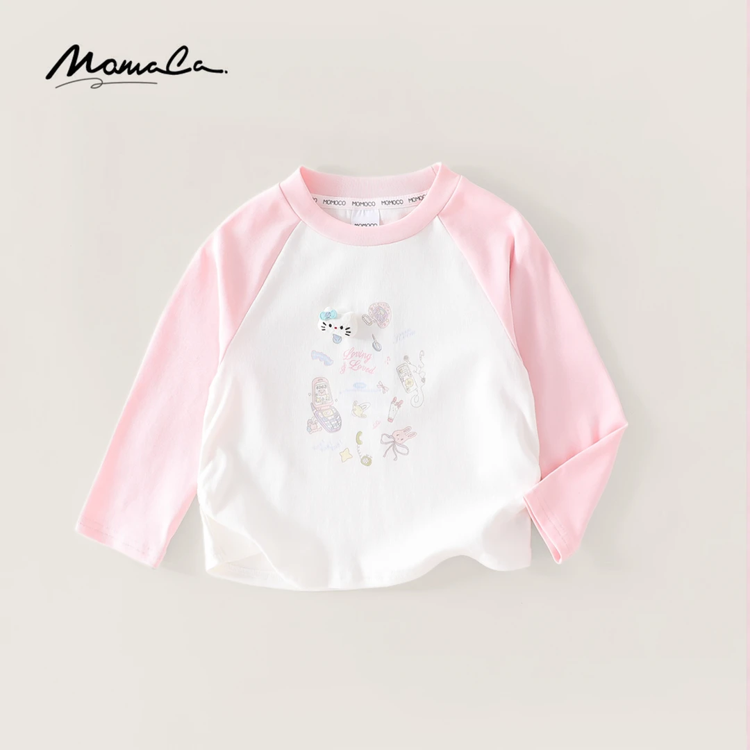 MOMOCO春秋季欧若风女童甜美撞色插肩袖T恤长袖上衣77580235006