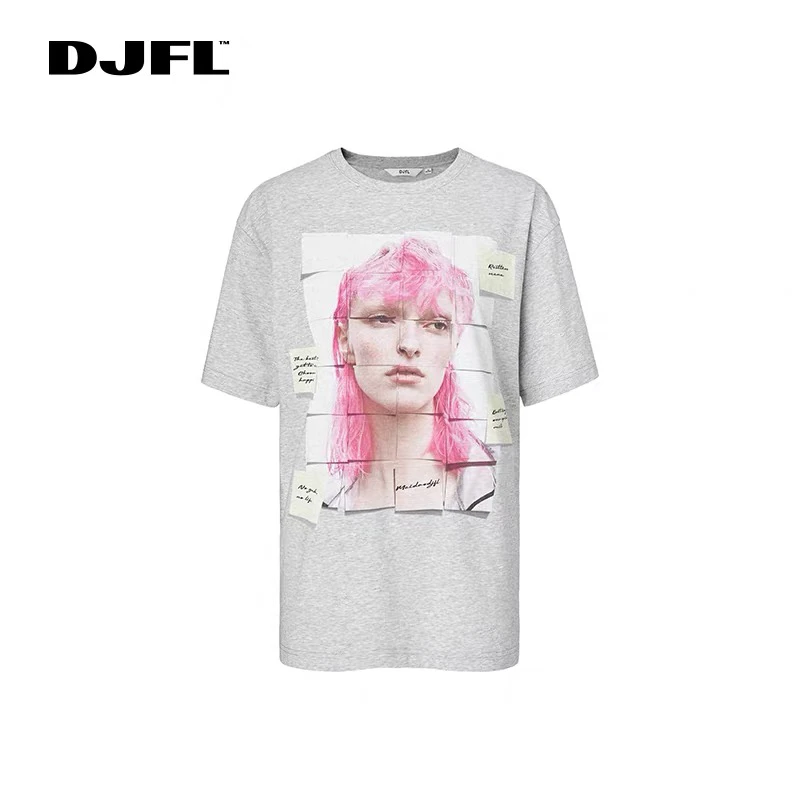 djfl白色碎片化立体人像印花圆领设计短袖T恤百搭宽松DWWR1T057-1