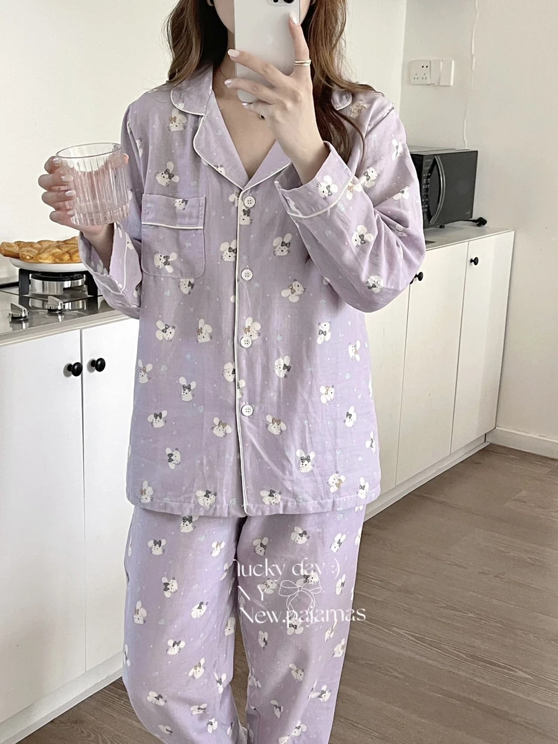 【100%棉】西装领全棉双层纱长袖长裤女款睡衣A类家居服柔软亲肤