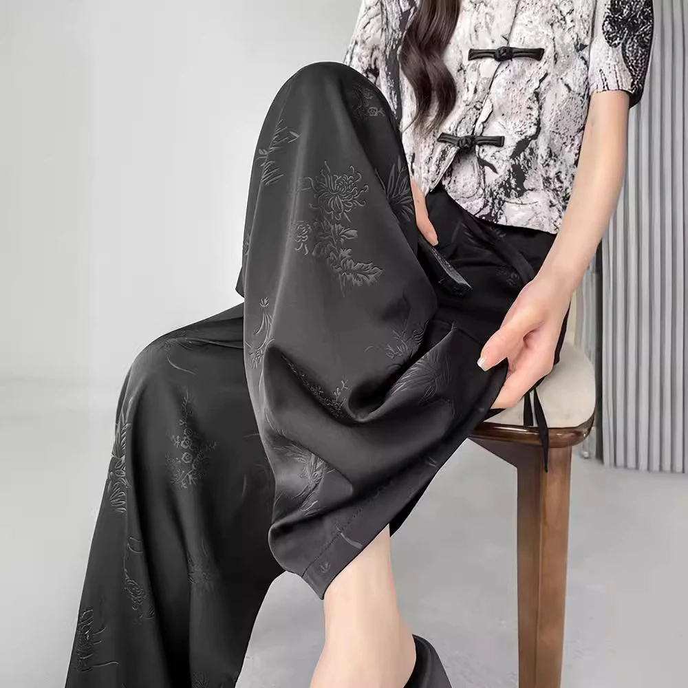 新国风夏松紧女士高腰腰垂感中式缎面提花长裤子休闲直筒阔腿裤