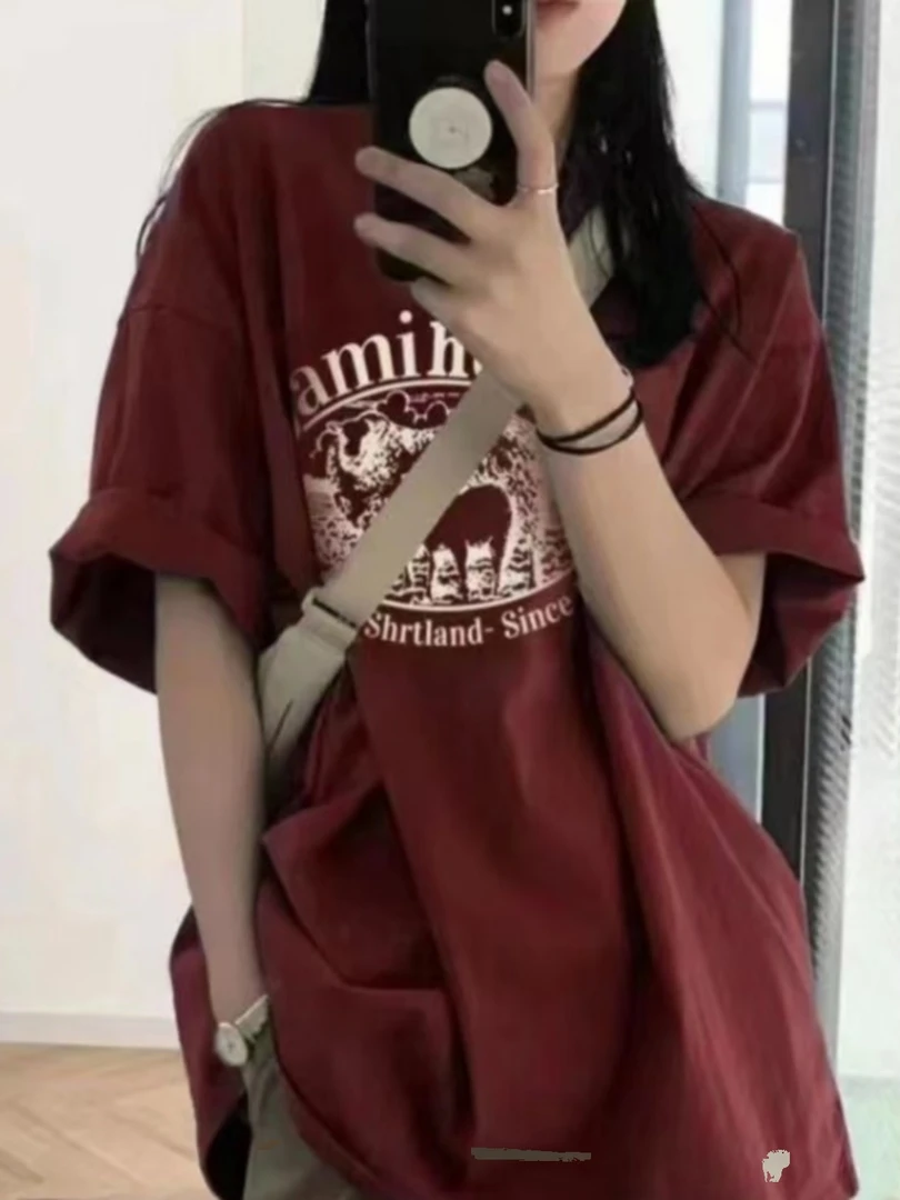 纯棉宽松短袖圆领夏季大码美式T恤微胖女装学院风女上衣字母t恤