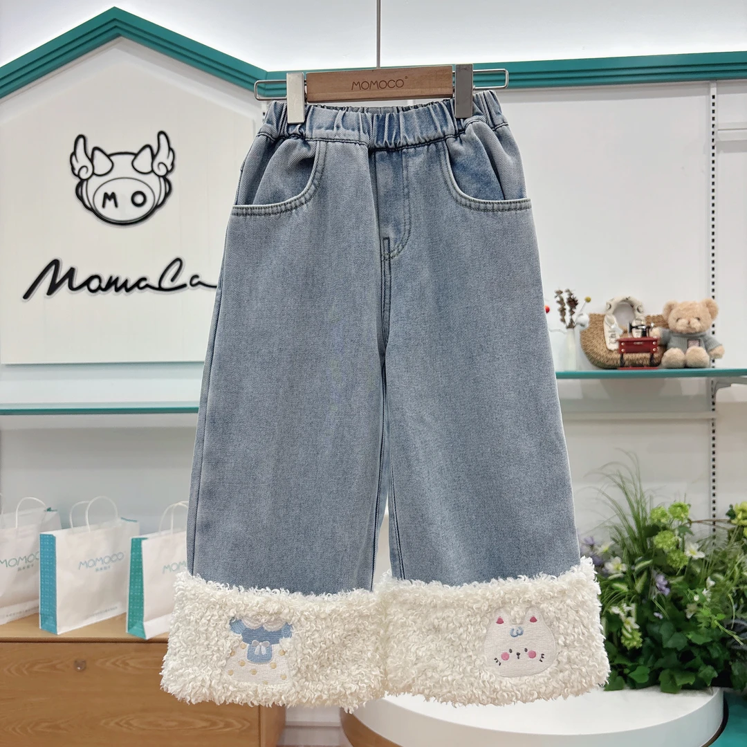 MOMOCO女童冬季儿童新款时尚休闲可爱卡通贴补牛仔裤DSM010412W