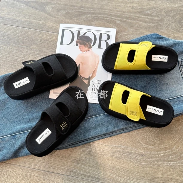 【ZHD】2025夏季新款斜纹布一字拖女韩版百搭舒适魔术贴厚底鞋5105