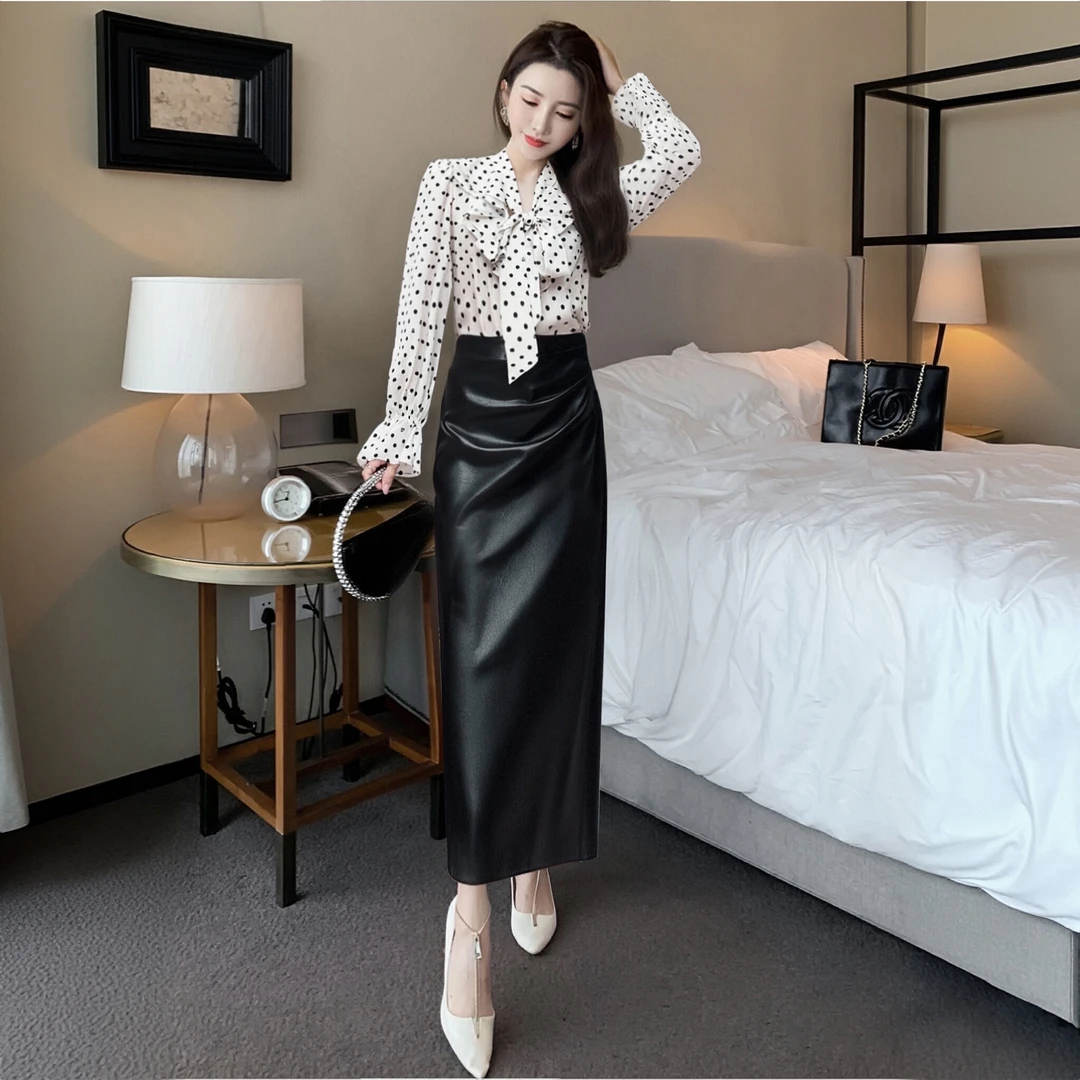 A【两件套】法式蝴蝶结秋季长袖飘带波点圆点衬衫+半身裙套装D3517